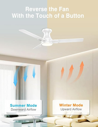 DAMINY 42 inch Ceiling Fans with Lights,3 Blades,6CCT, Low Profile Ceiling Fan with Light and Remote Control,Ceiling Fan for Bedroom, Kitchen,Indoor/Outdoor Use,Flush Mount-White