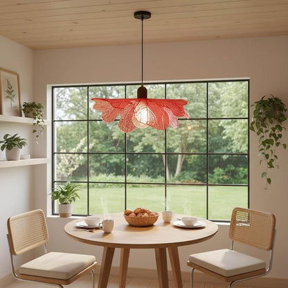 Red Leaf Glass Pendant Light Fixture, Modern Flower Hanging Ceiling Lamp with Wood Accent, Mid Century Floral Pendant Lighting for Kitchen Island Dining Room Living Room Bedroom