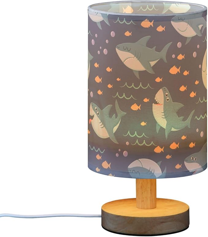 Table Lamp Marine Shark Fish Bubble Pattern Nightstand Lamp with Wood Base Fabric Lamp Shade Bedside Desk Lamp for Living Room Bedroom Kids Room Office