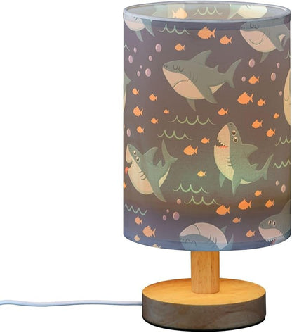 Table Lamp Marine Shark Fish Bubble Pattern Nightstand Lamp with Wood Base Fabric Lamp Shade Bedside Desk Lamp for Living Room Bedroom Kids Room Office
