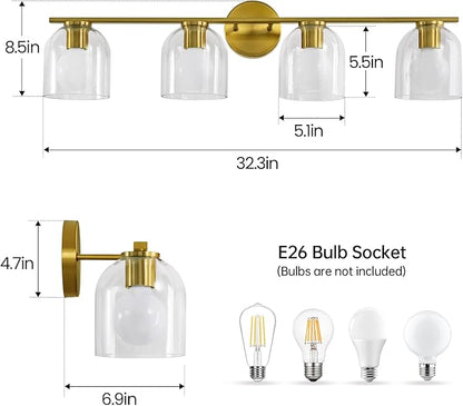 WOSHITU Bathroom Vanity Light Fixtures: 32.3 Inch Modern Brushed Gold Bathroom Light Fixtures Over Mirror with Clear Glass Shade, 4-Light Bathroom Lights Above Mirror
