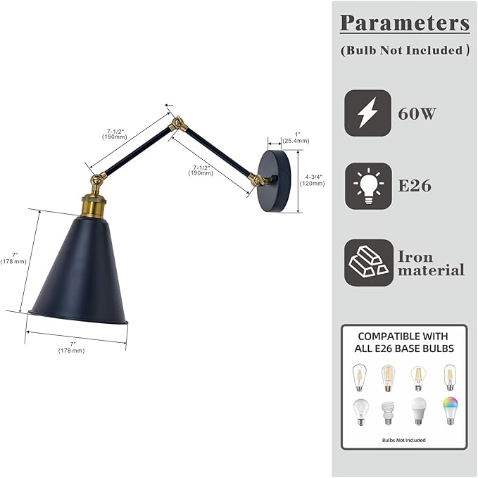 Farmhouse Swing Arm Wall Sconces Lighting 7 inch, Industrial Wall Sconce with Adjustable Arm, Metal Shade, Modern Classic Wall Lamp for Bedside Reading, Living Room, Kitchen