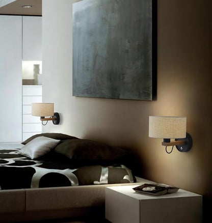 Wall Mounted Bedside Lamp,Hardwired Wall Sconce with Switch,Wall Lamps for Bedroom With Fabric Shade,Vintage Wood Wall Light E26 for Living Room,Dining Room,Hallway,Stairway,Lampara para sala de Pared