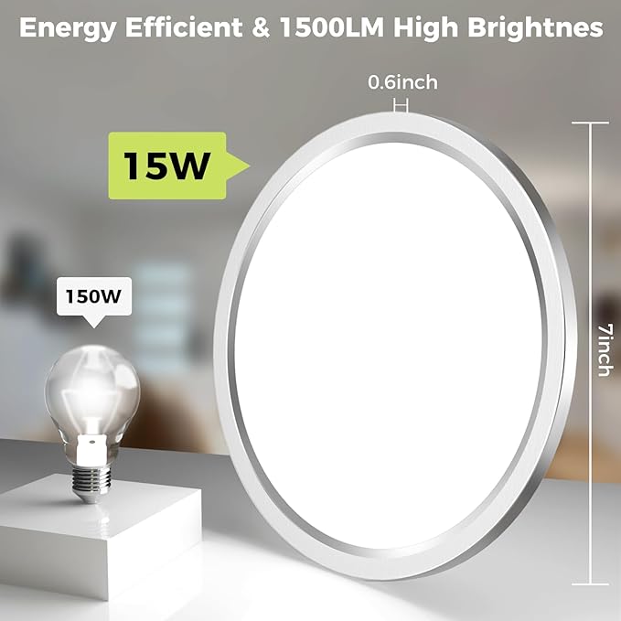 hepside LED Flush Mount Ceiling Light Fixture Brushed Nickel, 7Inch 15W, Dimmable&3000K-6500K Adjustable Low Profile Ceiling Lights, 1500LM Round Lamp for Bathroom, Bedroom, Closet, Kitchen, Hallway