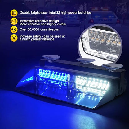 Xprite 2×11 inch High Intensity White Blue 32 LED Emergency Strobe Dash Lights, Interior Windshield Flashing Police Light w/Suction Cups for Police Law Enforcement POV Vehicles Trucks
