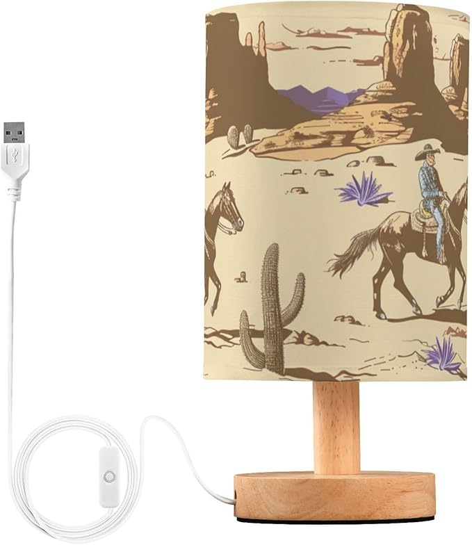 Western Desert Cowboy Bedside Table Lamp Retro Nightstand Lamp with Wood Desk Lamps for Bedroom Living Room Nursery Office Home Decor