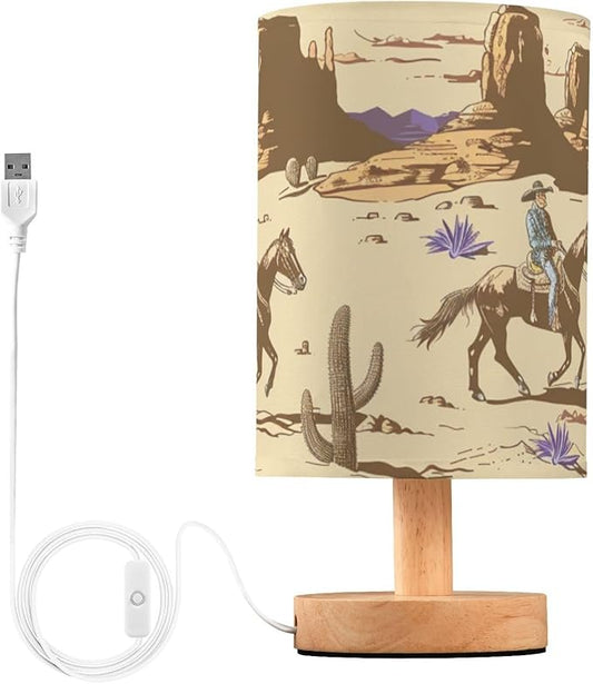 Western Desert Cowboy Bedside Table Lamp Retro Nightstand Lamp with Wood Desk Lamps for Bedroom Living Room Nursery Office Home Decor