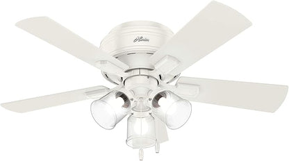 Hunter 42 inch Indoor Ceiling Fan with LED Lights and Pull Chain - Low Profile Flush Mount White Ceiling Fan, 5 Blades, For Bedroom, Living Room, or Kitchen, Quiet - Crestfield 52152, Fresh White