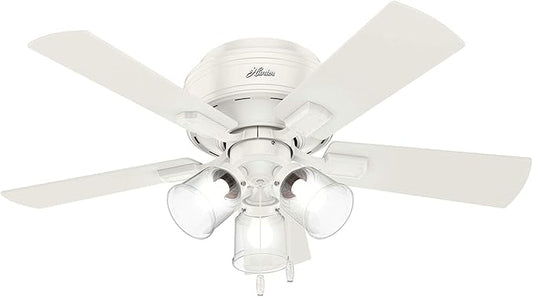 Hunter 42 inch Indoor Ceiling Fan with LED Lights and Pull Chain - Low Profile Flush Mount White Ceiling Fan, 5 Blades, For Bedroom, Living Room, or Kitchen, Quiet - Crestfield 52152, Fresh White