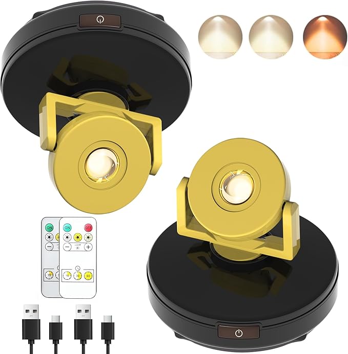 Wireless LED Spotlight 2 Pack, Rechargeable Uplights Picture Lights with Remote, Battery Powered Stick Spot Lights Puck Light with Timer Dimmable for Wall Accent Display Dartboard Painting Closet