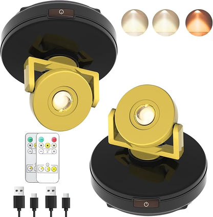 Wireless LED Spotlight 2 Pack, Rechargeable Uplights Picture Lights with Remote, Battery Powered Stick Spot Lights Puck Light with Timer Dimmable for Wall Accent Display Dartboard Painting Closet