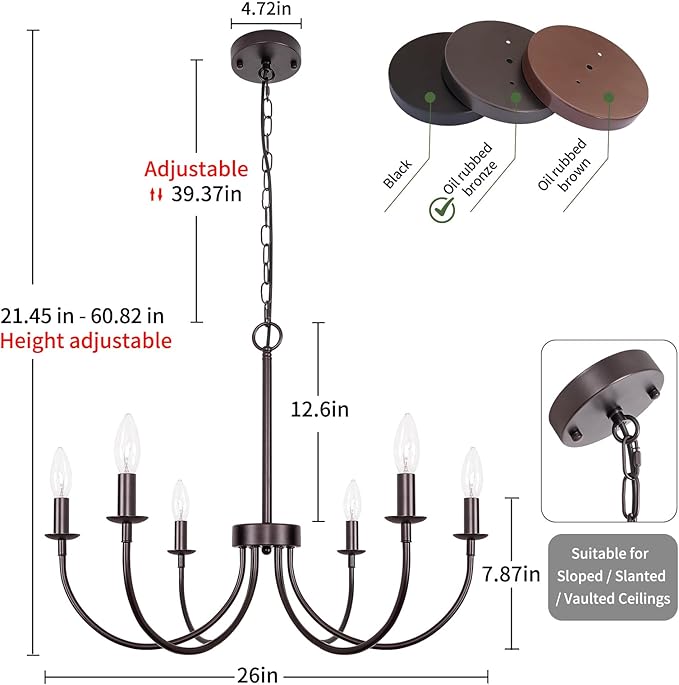 Farmhouse Chandelier, 6-Light Chandeliers for Dining Room Lighting Fixtures Hanging, Oil Rubbed Bronze Candle Chandelier Rustic Industrial Modern Chandelier for Living Room, Bedroom, Foyer