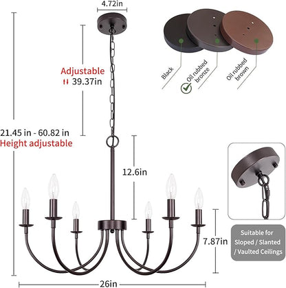 Farmhouse Chandelier, 6-Light Chandeliers for Dining Room Lighting Fixtures Hanging, Oil Rubbed Bronze Candle Chandelier Rustic Industrial Modern Chandelier for Living Room, Bedroom, Foyer