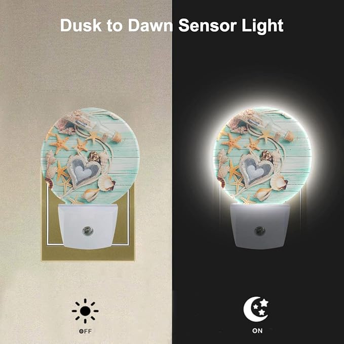 EKOBLA Beach Plug-in Night Light, Seashell & Starfish on Wood Coastal LED Nightlight with Auto Sensor for Bathroom & Home Decor