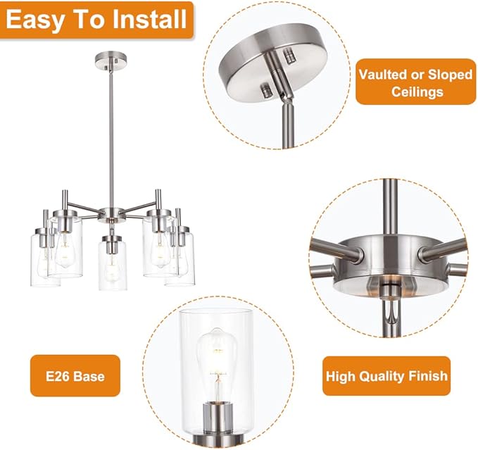 Contemporary 5 Light Large Chandeliers Modern Clear Glass Shades Pendant Lighting Brushed Polished Nickel Dining Room Lighting Fixtures Hanging Adjustable Wire Semi Flush Ceiling Lights