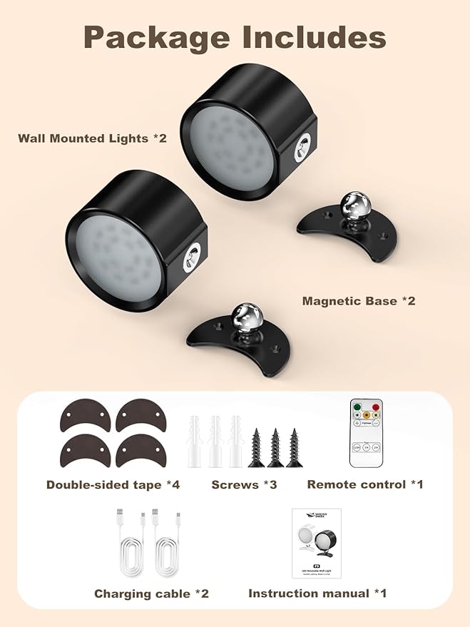 Smiling Shark Wireless Wall Lights, Rechargeable Wall Lights LED Set of 2 360° Rotate Magnetic 3 Color & 4 Brightness Stepless Dimming Adhesive Rechargeable Wall Sconces for Bedroom Bedside, Black