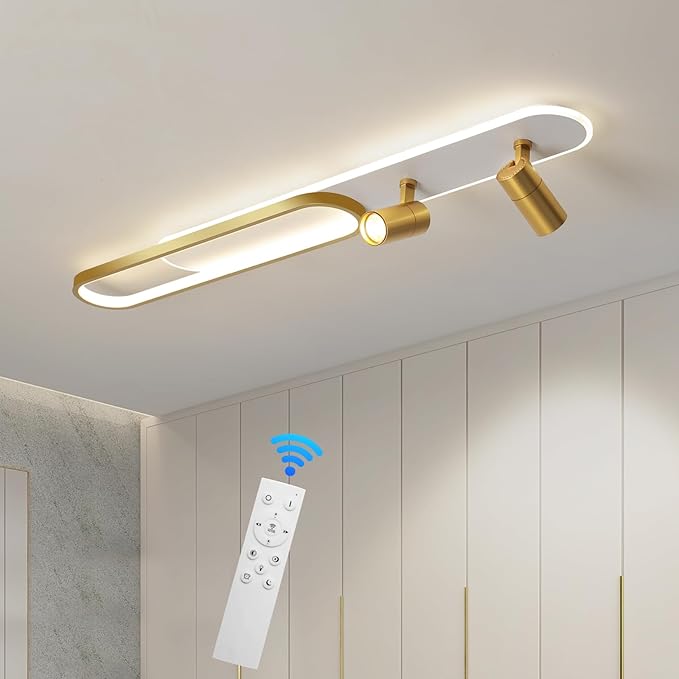 Modern LED Ceiling Light with 2 Spotlights 39.3in Linear Ceiling Light 50w with Remote Control Dimmable(3000-6000k) Gold Long Ceiling lamp for Bedroom Kitchen Restaurant Laundry Room Office