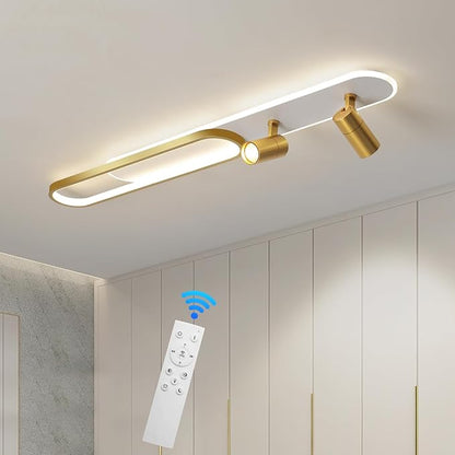 Modern LED Ceiling Light with 2 Spotlights 39.3in Linear Ceiling Light 50w with Remote Control Dimmable(3000-6000k) Gold Long Ceiling lamp for Bedroom Kitchen Restaurant Laundry Room Office