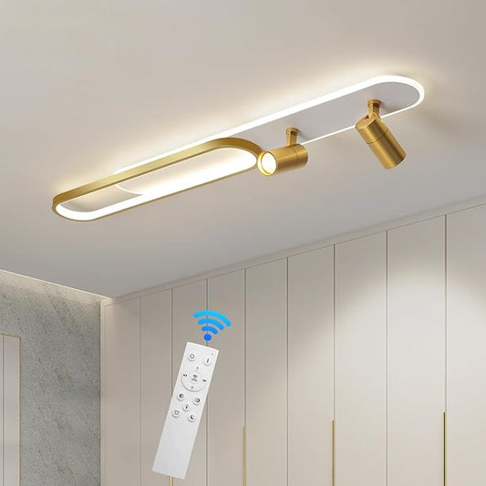 Modern LED Ceiling Light with 2 Spotlights 39.3in Linear Ceiling Light 50w with Remote Control Dimmable(3000-6000k) Gold Long Ceiling lamp for Bedroom Kitchen Restaurant Laundry Room Office