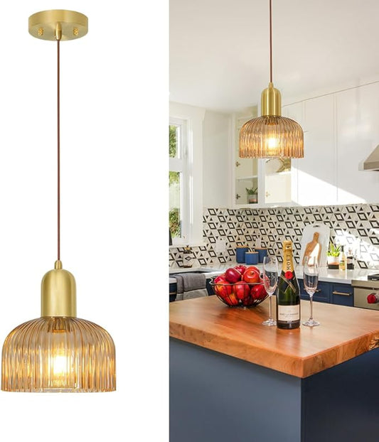 Vintage Pendant Light, Gold Pendant Lights Kitchen Island, Brass Ribbed Pendant Light with Amber Glass Shade, Mid Century Ceiling Lamp, Adjustable Hanging Light for Kitchen Island Dining Room Hallway