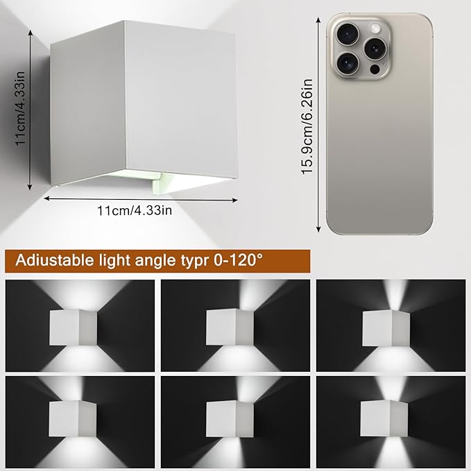 2 Pack LED Outdoor Wall Sconces Exterior/Interior,Modern Square Aluminum Wall Light Fixture ,Variable Beam IP65 Waterproof Lights.15W 3-Color-Changeable Up and Down Outdoor Lighting Fixtures（White）