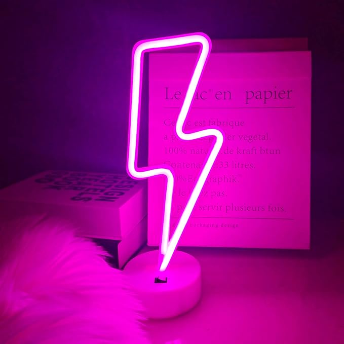 Pink Lightning Bolt Neon Sign, Aesthetic Room Decor for Bedroom, Battery/USB Operated LED Light with Base