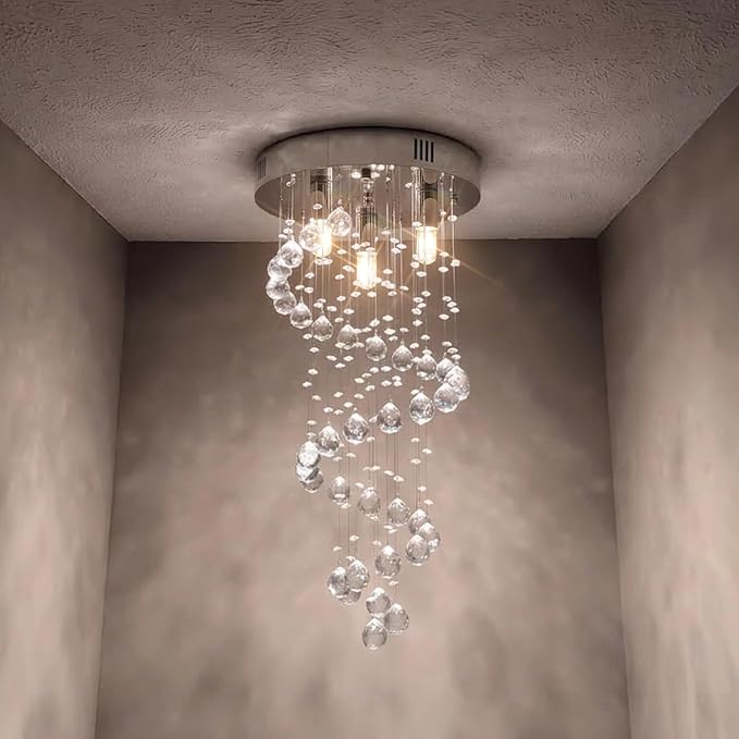 3-Lights Spairal Crystal Chandelier,Modern Raindrop Light Fixture Pendant Ceiling Mount Lamp Lighting Fixtures for LivingRoom, Bedroom, Bathroom D9“ X H21.3”