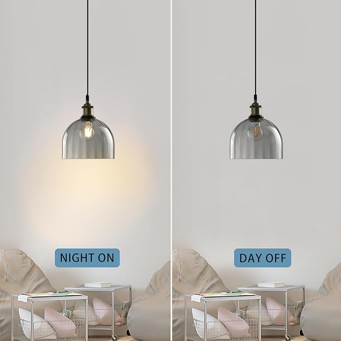 Modern Pendant Lights for Kitchen Island, Industrial Rustic Hanging Ceiling Lighting Fixtures, Glass Dome Lampshade Chandelier, 7.86" Handmade Bell Shaped Lamp Shade, Smoke Grey