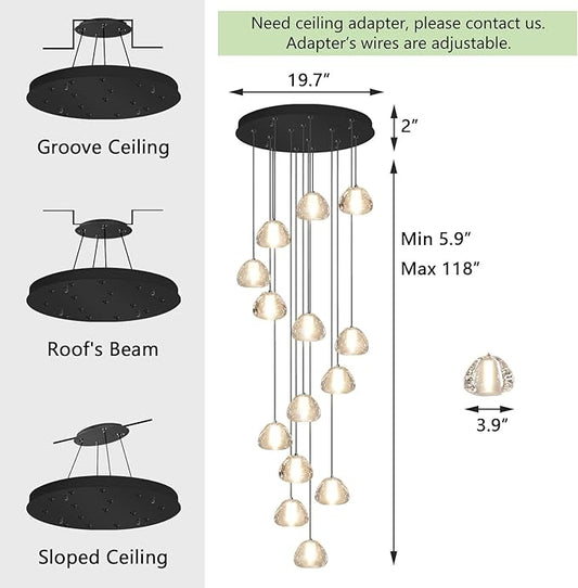 Modern Crystal Chandelier for Staircase 118" Long Black LED Lighting for Foyer Adjustable Ceiling Lighting Fixture for Living Room Hallway Entryway Staircase