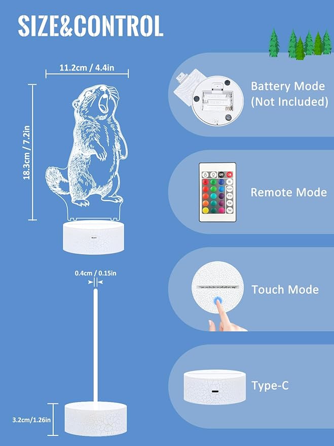 Lampeez Groundhog 3D Night Light for Kids, LED 16 Colors Remote Control Changing Touch Dimmable Table Desk Lamp, Cute Animal Gifts for Groundhog Lovers Animal Fans
