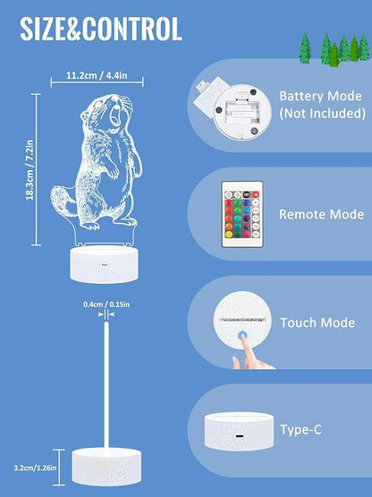 Lampeez Groundhog 3D Night Light for Kids, LED 16 Colors Remote Control Changing Touch Dimmable Table Desk Lamp, Cute Animal Gifts for Groundhog Lovers Animal Fans