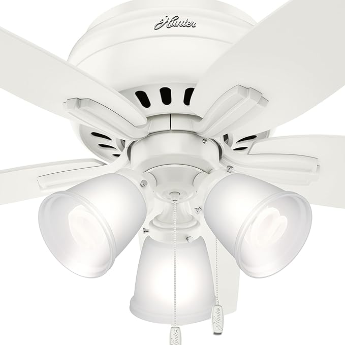 Hunter 42 inch Indoor Ceiling Fan with LED Lights - White Ceiling Fan with Pull Chain, For Bedroom or Living Room, Low Profile Flush Mount, No Remote, 5 Blades - Newsome 51077, Fresh White