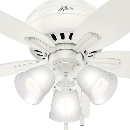 Hunter 42 inch Indoor Ceiling Fan with LED Lights - White Ceiling Fan with Pull Chain, For Bedroom or Living Room, Low Profile Flush Mount, No Remote, 5 Blades - Newsome 51077, Fresh White