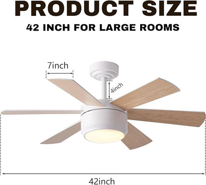 SHOWDI Ceiling Fan with Lights and Remote, 6 Blade App Control Timer Reversible Stepless Brightness and Color Temperature Outdoor Wood Ceiling Fan with Lights (White, 42 Inch)