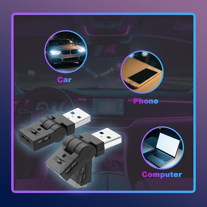 2PCS Mini USB LED Car Light, 5V Adjustable Brightness 8 Colors RGB Dynamic Vehicle Night Atmosphere Lighting, Auto Ambient Lamp Decoration Accessories, Universal Fit
