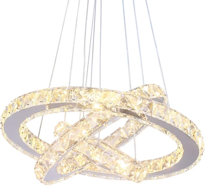 Modern Crystal Chandelier LED 3 Ring Chandeliers Stainless Steel Adjustable Pendant Light for Dining Room Living Room Bedroom Warm White