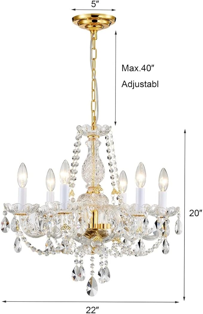 AGV LIGHTING CH003 K9 Crystal Chandeliers, French Classic Style Light Fixture, 6-Lights, D22 x H20, Adjustable Chains 59", Shinny Gold Finish Frame