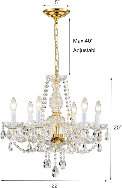AGV LIGHTING CH003 K9 Crystal Chandeliers, French Classic Style Light Fixture, 6-Lights, D22 x H20, Adjustable Chains 59", Shinny Gold Finish Frame