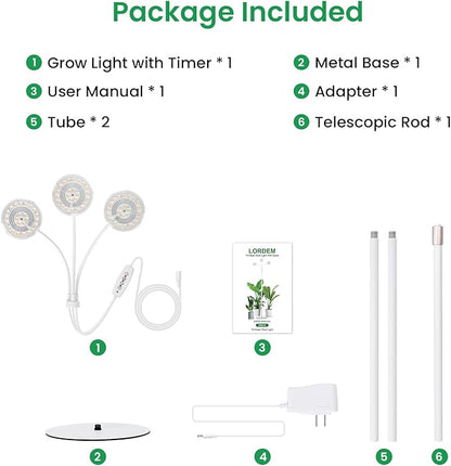 LORDEM Full Spectrum Plant Light for Indoor Growing,Tri-Head Grow Light with Stand for Large Plants,Auto ON/Off Timer 6/8/12/16H, 5 Dimmable Levels, 20-70 inches Adjustable Height