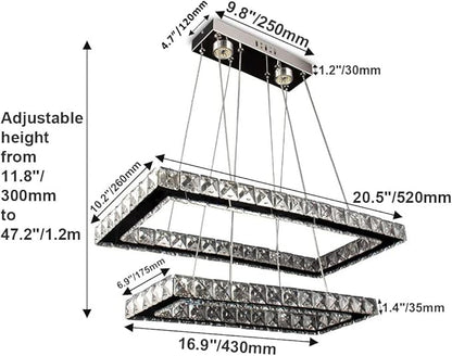Finktonglan Modern Crystal Chandelier, Rectangular Double Ring LED Pendant Light, 6000K Cool White Non-Dimmable, Height Adjustable Hanging Light Fixture for Dining Room Living Room Bedroom