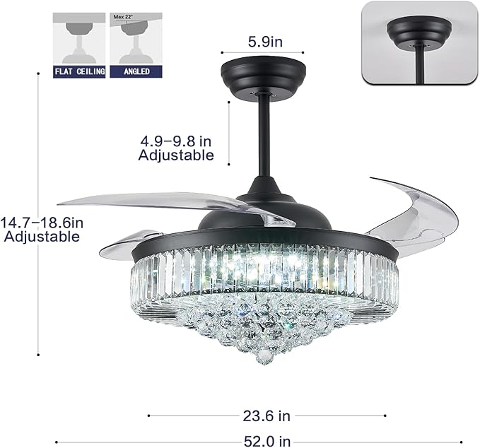 DuMaiWay 52" Dimmable Chandelier Ceiling Fan with Lights,Retractable Crystal Ceiling Fan Chandelier with Remote Control LED Light for Bedroom Living Room Polished Chrome Black 6 Speed 3 Light