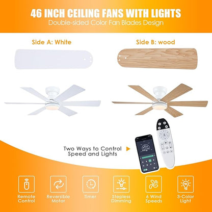 Asyko 46" White RGB Ceiling Fans with Lights and Remote,Low Profile Ceiling Fans with Quiet Reversible DC Motor,Small Modern Flush Mount Ceiling Fan Light for Bedroom Kids Room