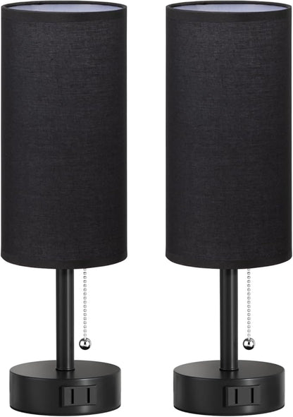 Fenmzee Black Bedside Table Lamps Set of 2-3 Color Temperatures Pull Chain Lamp with AC Outlet Charging Port, Round Night Stand Lamps for Bedroom Office, Small Bed Side Light with E26 LED Bulbs