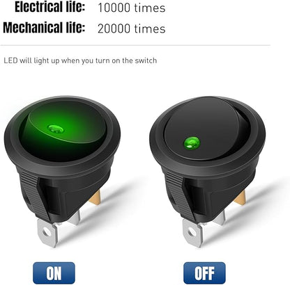 Nilight 12PCS Round Rocker Switches 12V 24V 20A Green LED Toggle swtiches SPST 3 Pin 2 Position for Car Truck Vehicle Boat Marine Rocker On Off Control