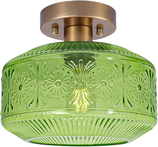 Semi Flush Mount Ceiling Light, Vintage Small Ceiling Light Fixture, Thickened Glass Hallway Light Fixture, Brass Kitchen Ceiling Mount Lamp with Green Glass for Entry Way, Bedroom, Bathroom, Porch