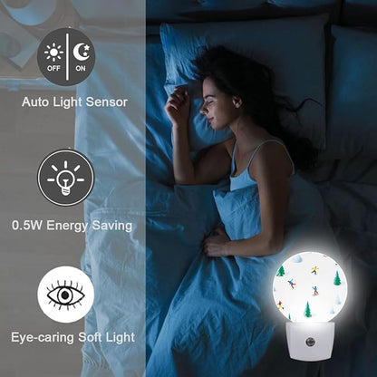 Ski Figures Winter Snow Plug in Night Light Auto Light Round Lamps Energy Saving Gift for Women Men Friends