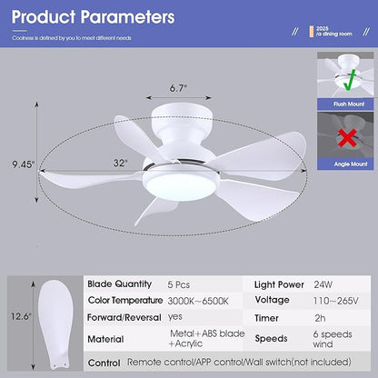 Kviflon 32 Inch Modern Ceiling Fans with Lights, Small Flush Mount Ceiling Fan with Light and Remote/APP Control, 5 Reversible 6 Speeds Curved Blades, 3 CCT Dimmable Lights for Kids Room, White