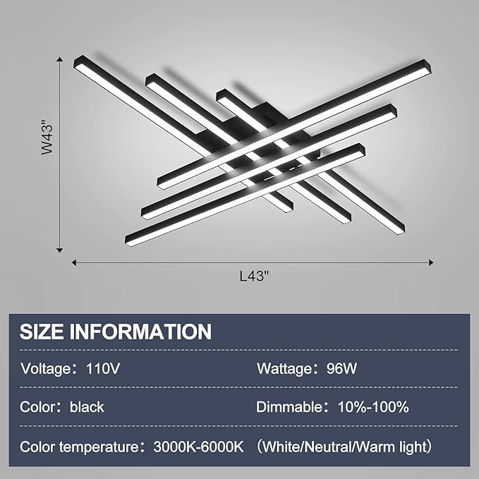 43" Black Modern LED Ceiling Light with Remote 3000K/4500K/6000K Close to Ceiling Lights Creative Design Ceiling Lamp for Bedroom Living Room Kitchen Hallway Dining Room(96W, 6 Lights)