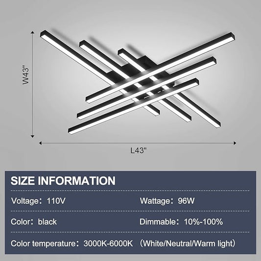 43" Black Modern LED Ceiling Light with Remote 3000K/4500K/6000K Close to Ceiling Lights Creative Design Ceiling Lamp for Bedroom Living Room Kitchen Hallway Dining Room(96W, 6 Lights)