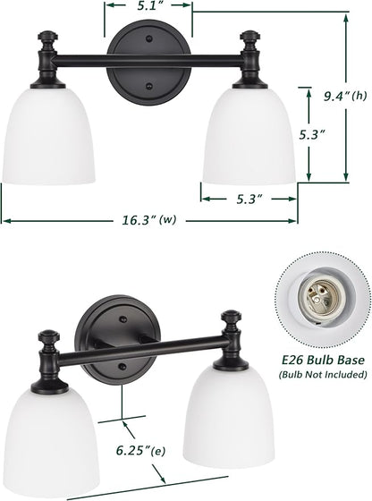 Black Bathroom Vanity Light, 2-Light Bathroom Light Fixtures Over Mirror, Traditional Vanity Lights for Living Room, Milk White Bell Glass Shades, Standard E26 Base, Matte Black